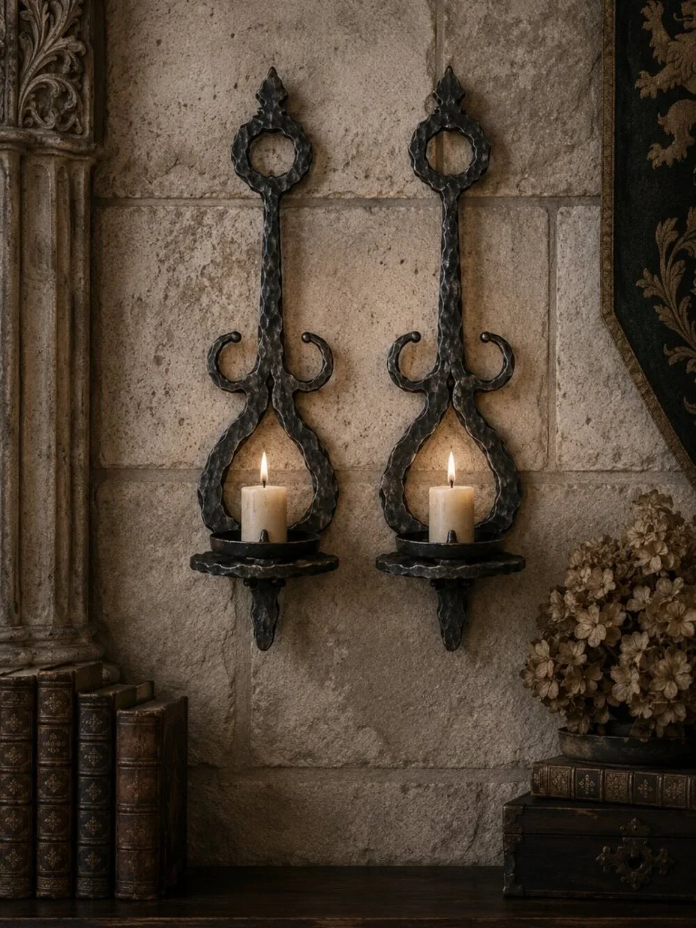 Set of 2 Vintage Homco MCM Gothic Style Hammered Wall Sconce Candlestick Holders